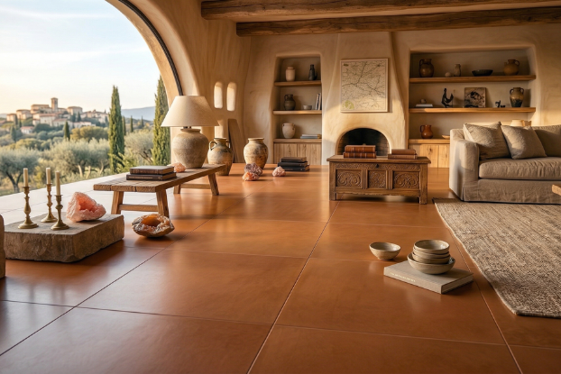 salon style provencal avec carrelage carreaux XXL