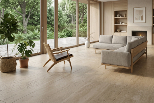 Salon avec carrelage joints invisibles