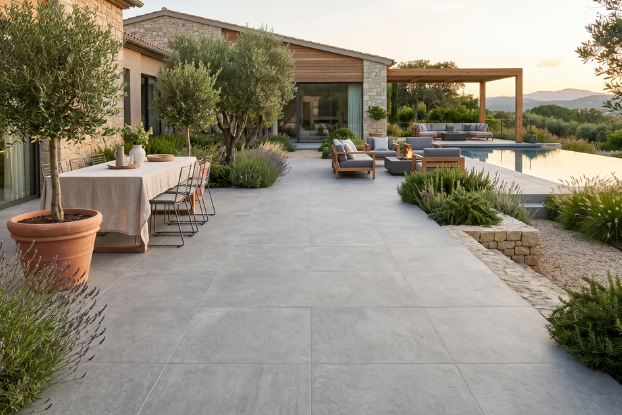 Terrasse arboré avec grand carreaux XXL