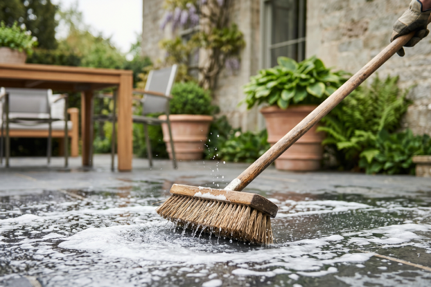 nettoyage terrasse carrelage avec balai brosse