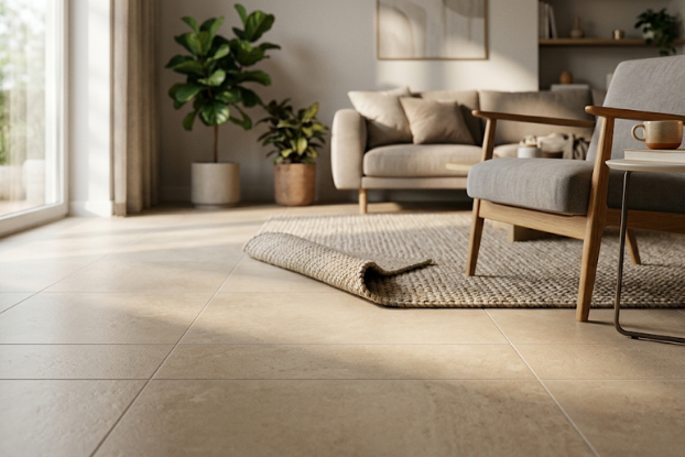 Tapis posé sur le sol recourbé laissant apparaître le carrelage