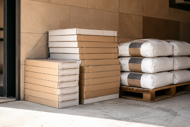 Tas de carrelage emballés